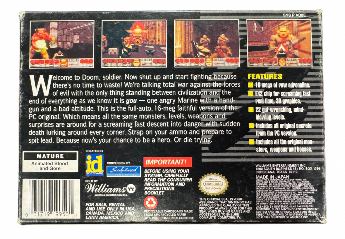 Doom Super Nintendo Entertainment System SNES video game Complete In Box CIB featuring first person shooter gameplay demon battles weapon combat dark environments challenging levels enemy encounters fast paced action and classic 16 bit Nintendo gameplay retro video game collection collectible gaming appeal back cover art