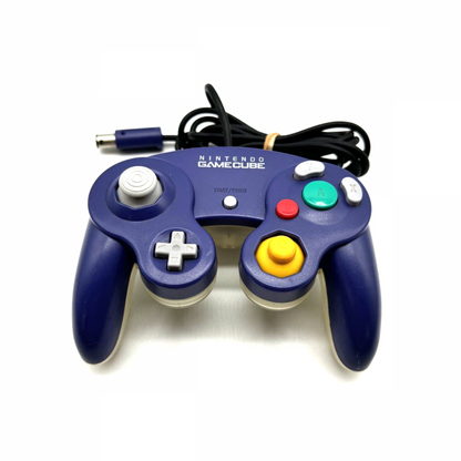 Indigo Clear Nintendo GameCube controller featuring translucent indigo shell wired connection analog control stick C stick dual shoulder triggers vibration feedback and classic ergonomic design for GameCube gameplay front