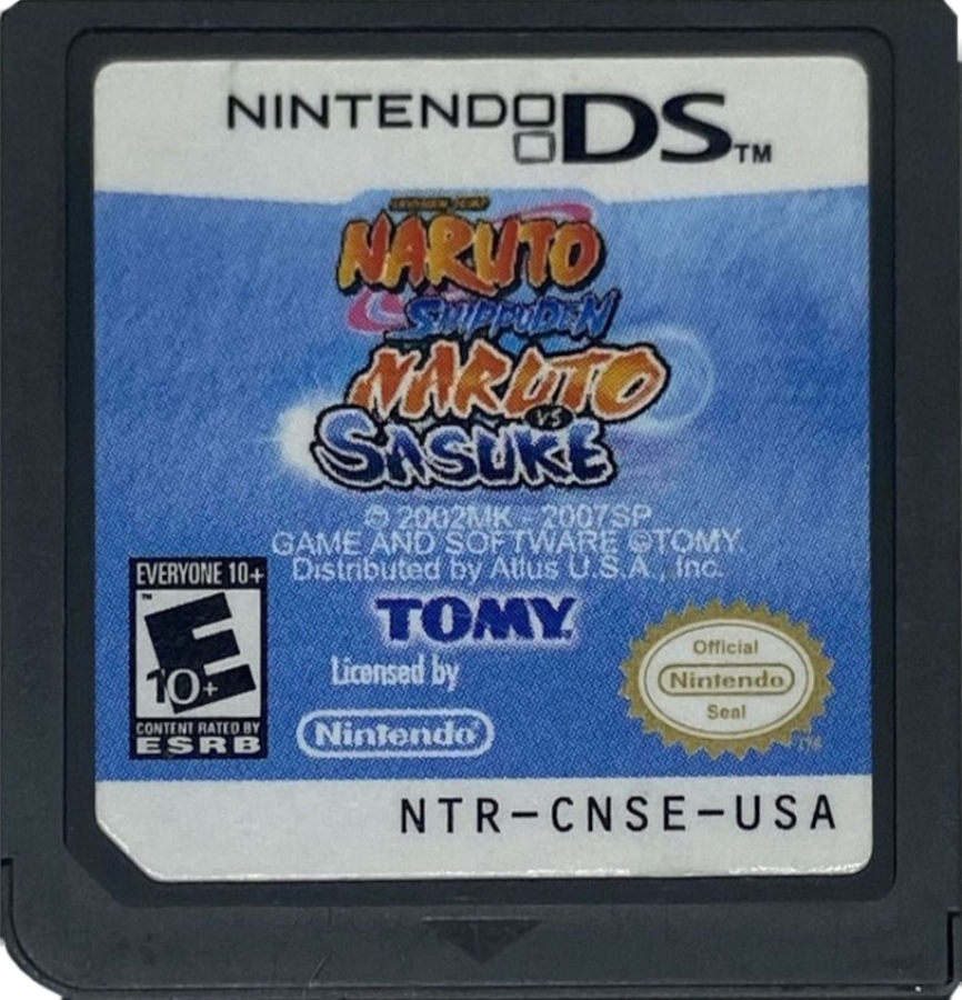 Naruto Shippuden Naruto vs Sasuke Nintendo DS handheld fighting game cartridge from the Ultimate Ninja series featuring the iconic rivalry ninjutsu techniques and story mode cartridge