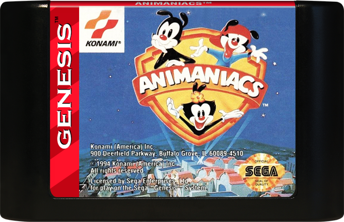 Animaniacs Sega Genesis video game, action platformer, cartoon-based adventure, Warner Bros. classic retro console title cartridge