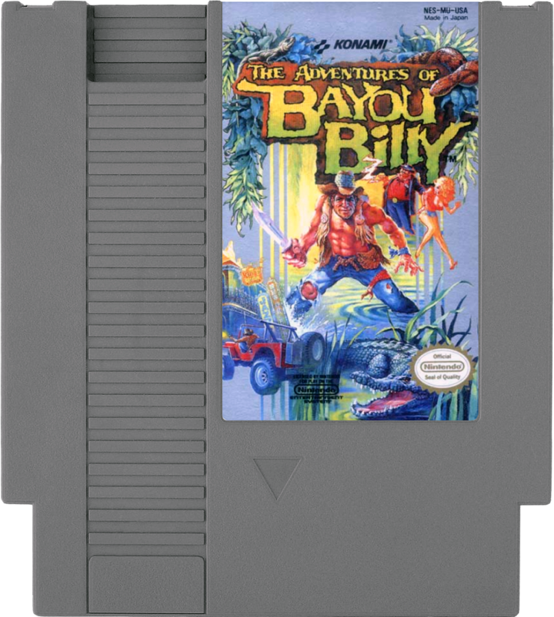 The Adventures of Bayou Billy cartridge for the Nintendo Entertainment System featuring 8 bit action gameplay with beat em up driving and shooting segments set in the Louisiana bayou with challenging arcade style difficulty cartridge