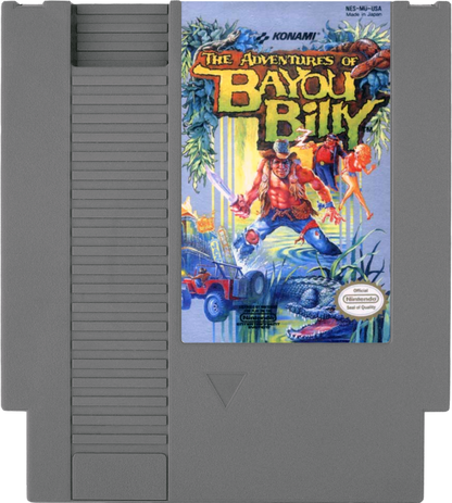 The Adventures of Bayou Billy cartridge for the Nintendo Entertainment System featuring 8 bit action gameplay with beat em up driving and shooting segments set in the Louisiana bayou with challenging arcade style difficulty cartridge