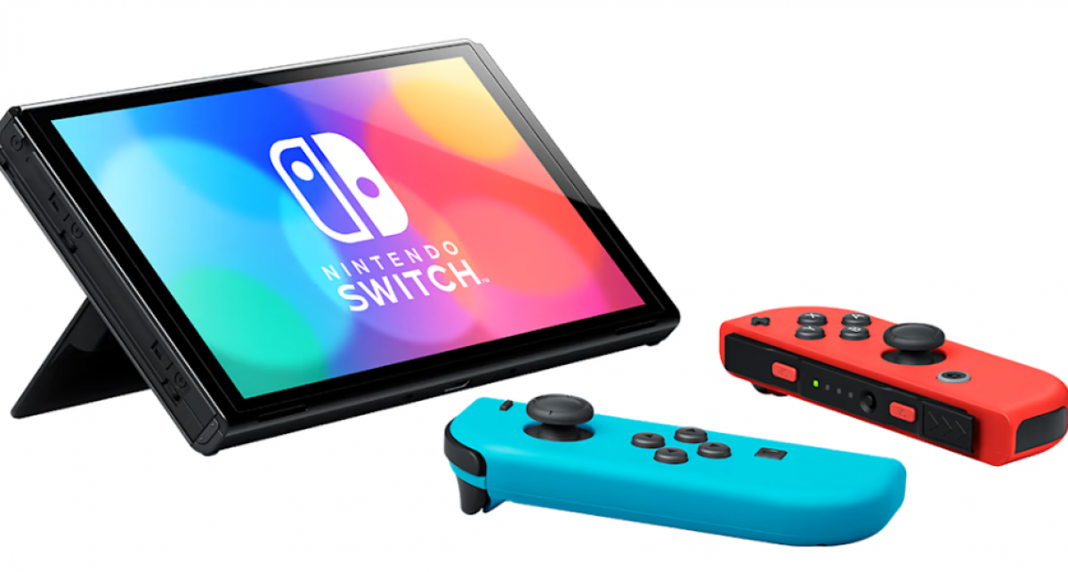 Nintendo Switch OLED console with red and blue Joy-Con controllers, dock included, handheld and TV gaming system, vibrant OLED display, Nintendo console