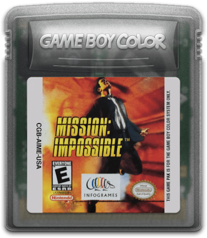 Mission Impossible for Game Boy Color, cartridge for an action-adventure video game with stealth gameplay, mission-based objectives, gadget use, and spy-themed challenges
