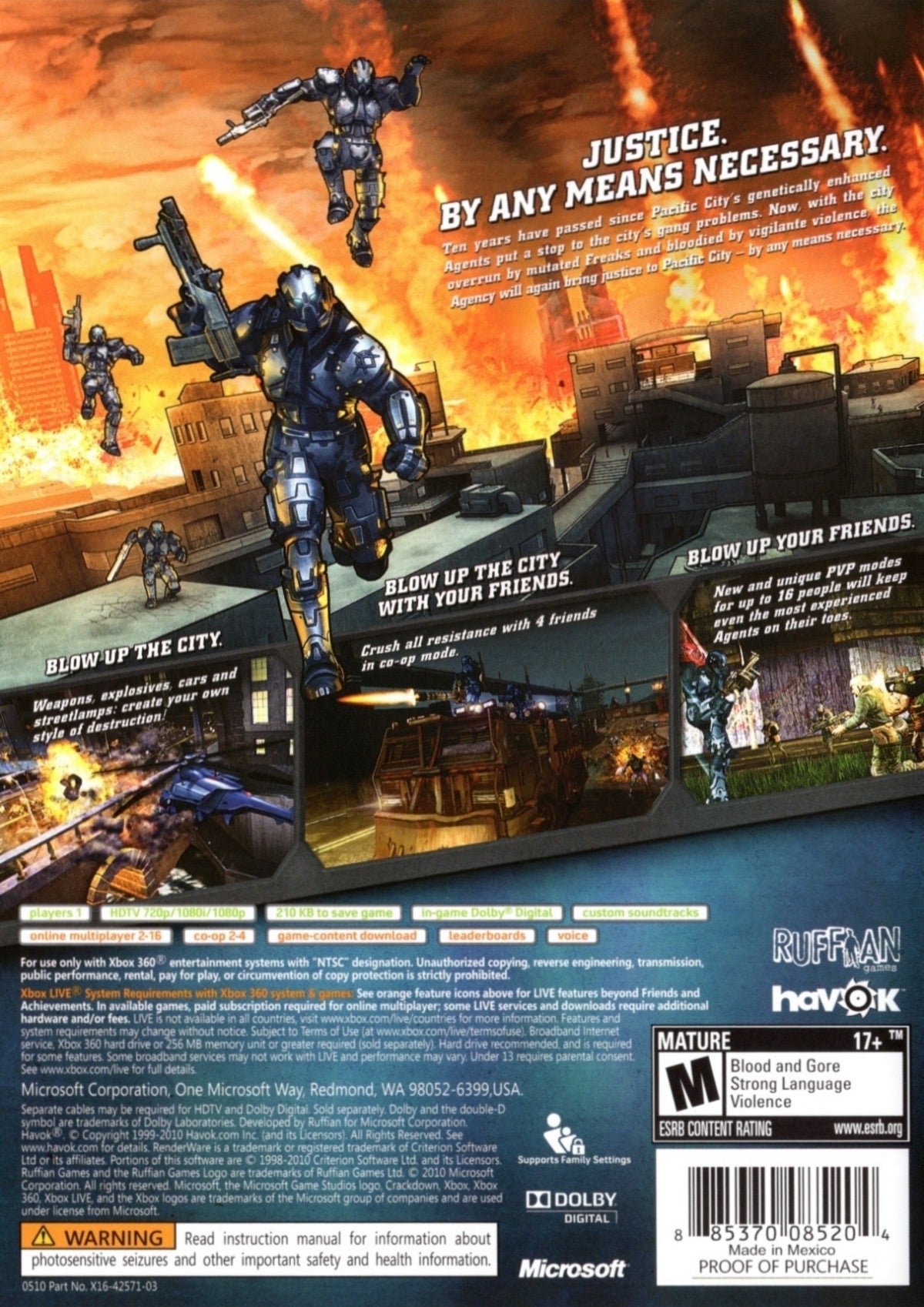 Crackdown 2 Xbox 360 video game featuring open world action gameplay superpowered agent combat Pacific City exploration explosive weapons vehicle driving criminal gangs mutant enemies co-op multiplayer missions and classic Xbox 360 gameplay retro video game collection collectible gaming appeal back cover art