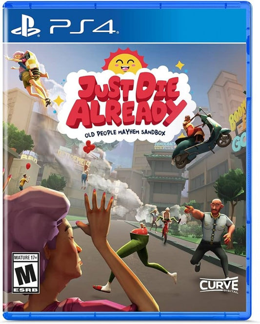 Just Die Already for PlayStation 4 sandbox action game featuring chaotic physics based gameplay elderly characters dark humor open world challenges and destructive antics cover