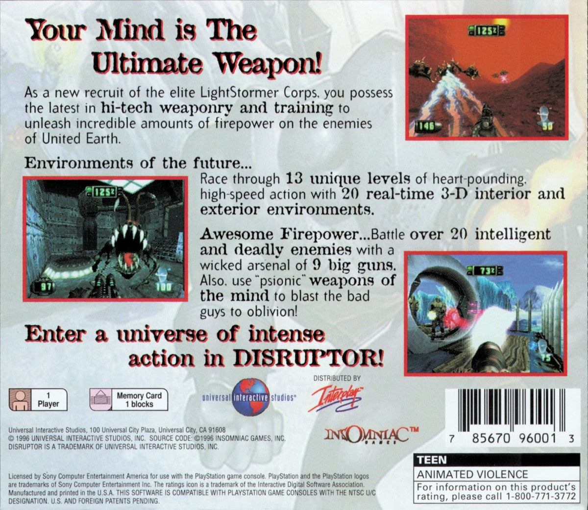 Disruptor PS1 PlayStation 1 first person shooter sci fi action game psychic powers futuristic combat Insomniac Games retro video game back cover art