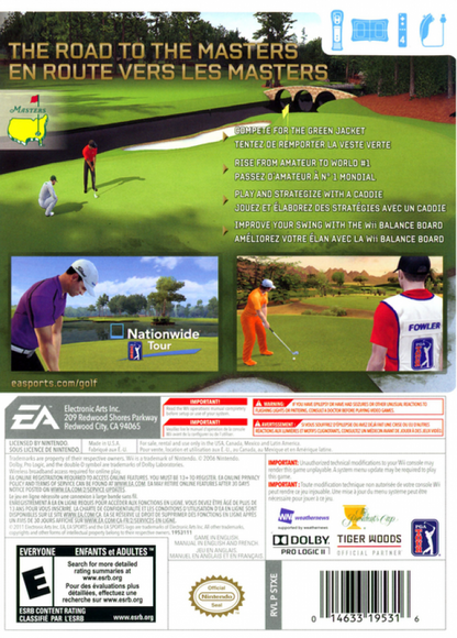 Tiger Woods PGA Tour 12: The Masters back cover art for Nintendo Wii (Wii) featuring motion‑controlled golf, authentic courses, and the iconic Masters Tournament experience.