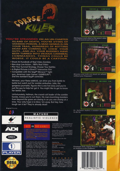 Corpse Killer Sega CD 32X enhanced full motion video FMV zombie shooter horror game rail shooting tropical island setting undead enemies improved video quality live action footage arcade style combat Digital Pictures retro gaming Sega CD 32X software video game title back cover art