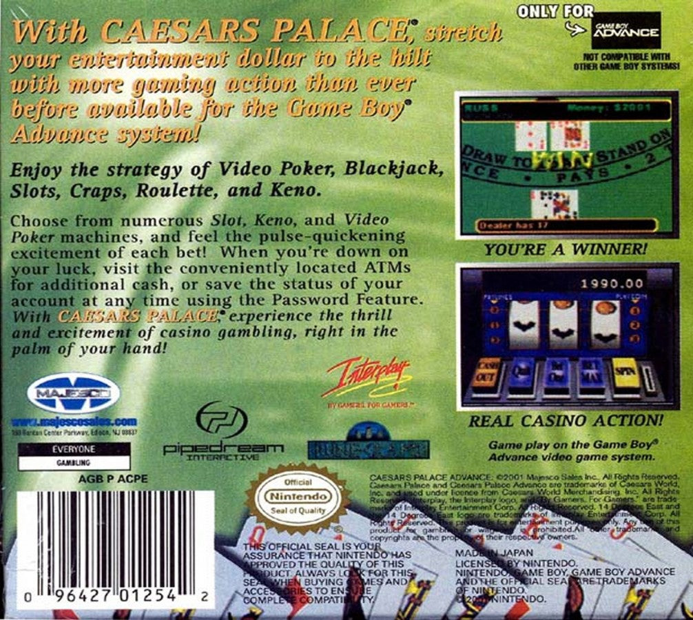 Caesars Palace Advance Game Boy Advance GBA video game, casino simulation, card and table games, handheld gambling-style gameplay back cover art