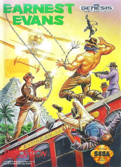 Earnest Evans Sega Genesis GEN for retro video game enthusiasts featuring action platforming gameplay treasure hunting adventure whip based combat ancient ruins exploration dynamic character movement fantasy challenges and collectible gaming appeal front art