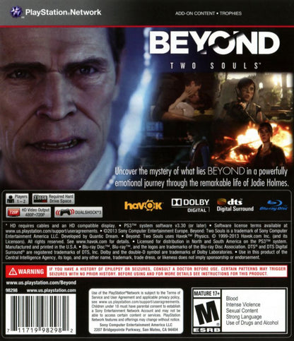 Beyond: Two Souls for PlayStation 3 (PS3) at Gamers INC, featuring a cinematic, choice-driven narrative following Jodie Holmes and her supernatural link to the entity Aiden, delivering emotional storytelling, intense action sequences, and interactive gameplay that blends drama, mystery, and psychological thriller elements from the creators of Heavy Rain back cover