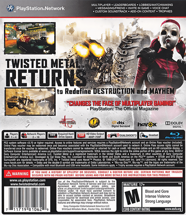 Twisted Metal back cover art for PlayStation 3 (PS3) video game