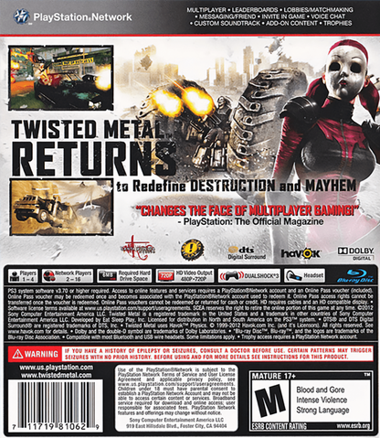 Twisted Metal back cover art for PlayStation 3 (PS3) video game