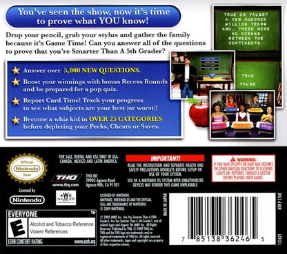 Are You Smarter Than a 5th Grader Game Time Nintendo DS video game, trivia quiz gameplay, family-friendly educational fun, handheld console title back cover