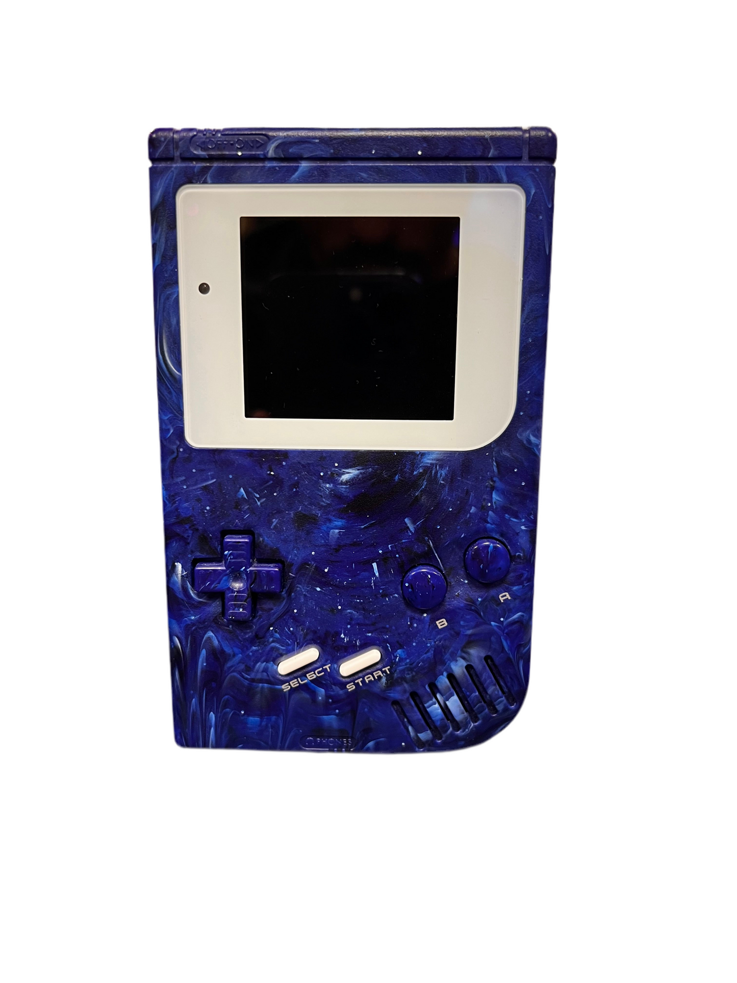 Front view of a custom original Game Boy fitted with a blue replacement shell and an IPS backlit display, showing its screen, D-pad, and button layout.