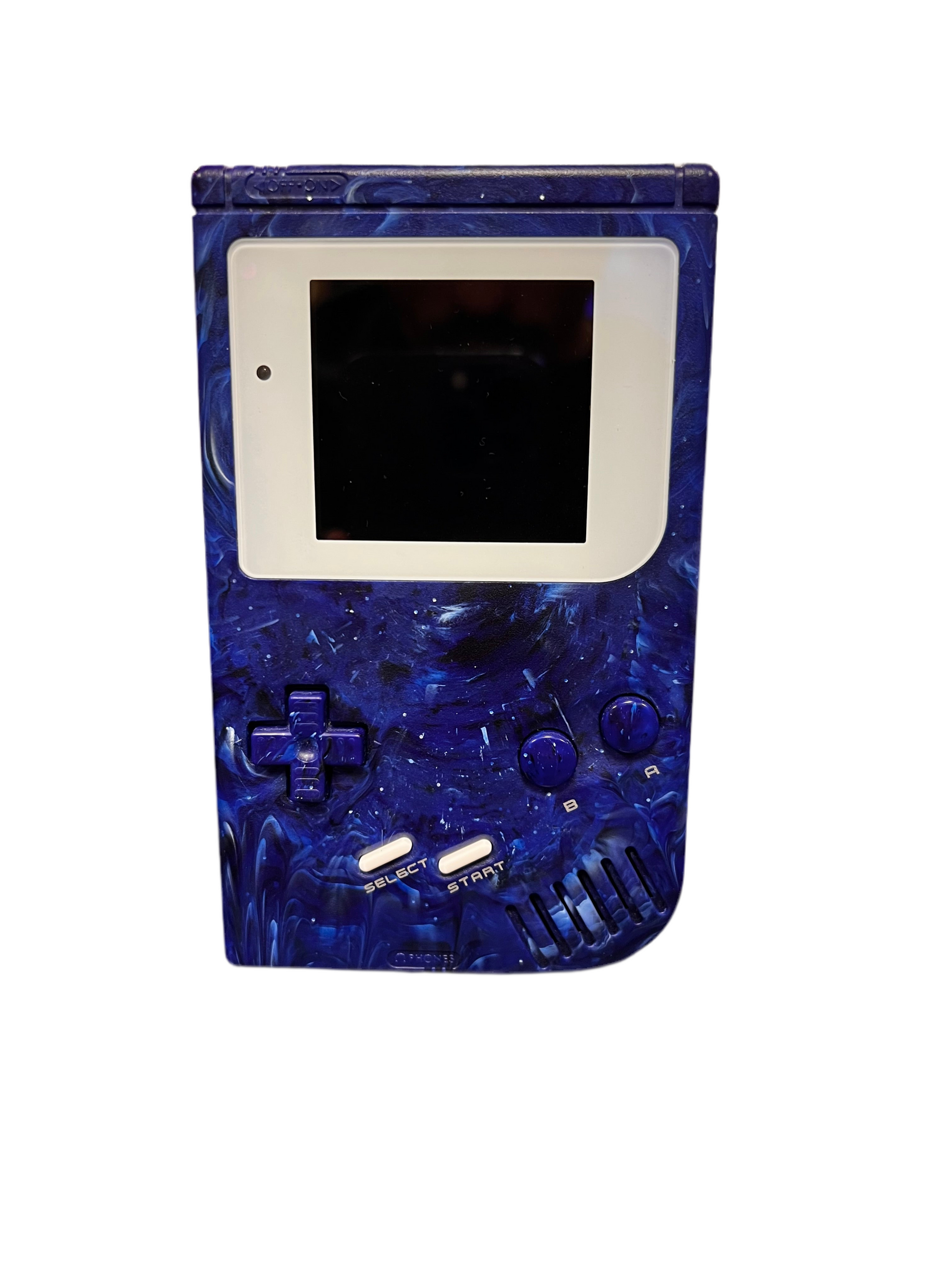 Front view of a custom original Game Boy fitted with a blue replacement shell and an IPS backlit display, showing its screen, D-pad, and button layout.