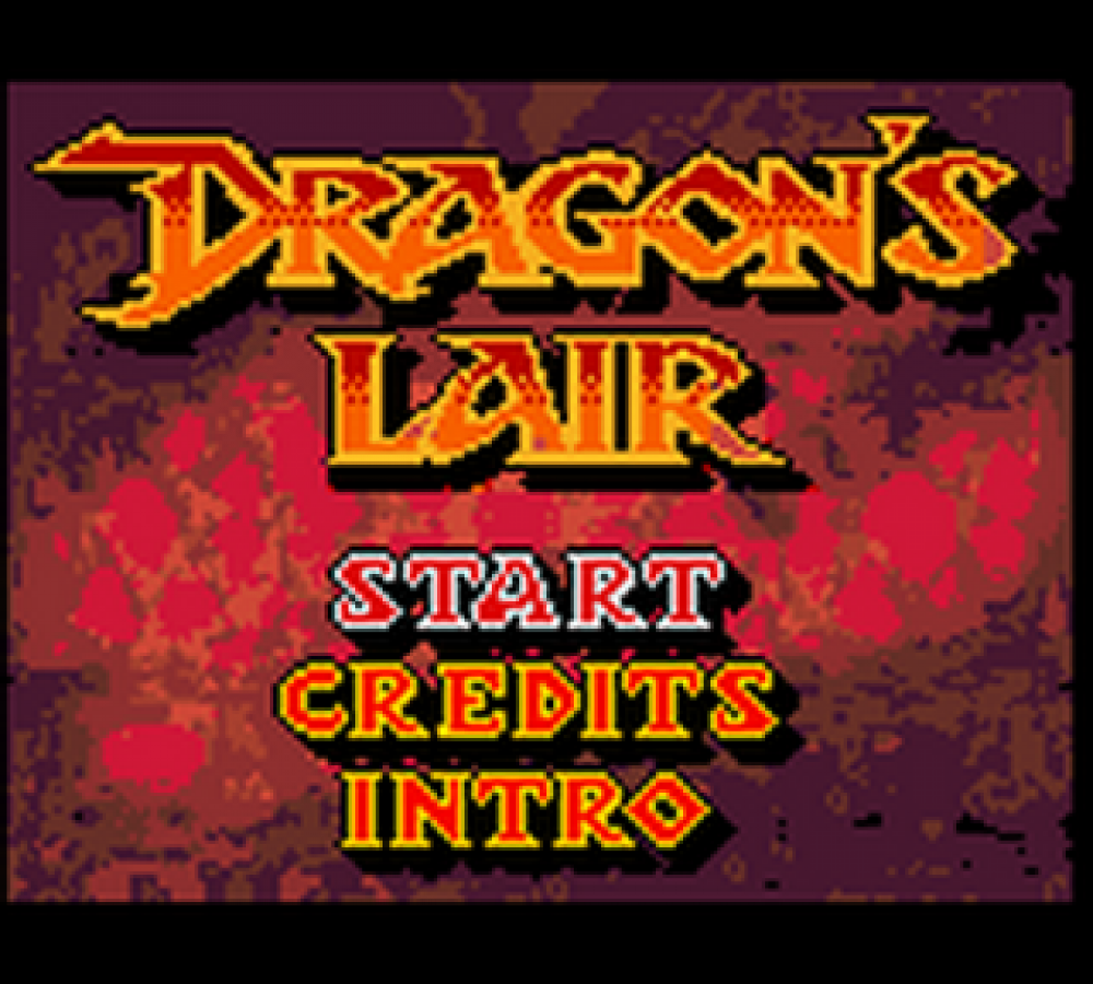 Dragons Lair for Game Boy Color, title screen for a platformer video game with side-scrolling gameplay, fantasy adventure, knight-based action, and classic arcade-style challenges