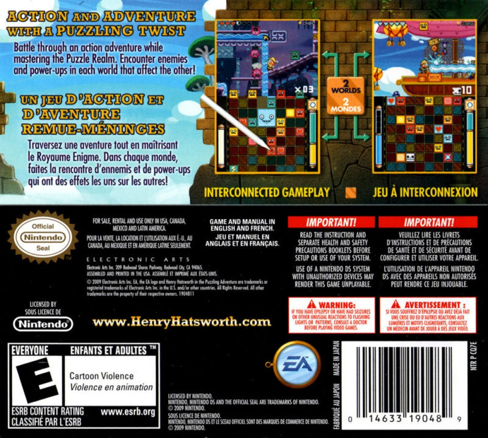Henry Hatsworth in the Puzzling Adventure Nintendo DS DS for action puzzle platforming video game fans featuring dual screen gameplay colorful platforming levels match three puzzle mechanics enemy battles power ups challenging stages unique cartoon characters and creative Nintendo DS gameplay collectible gaming appeal back cover art