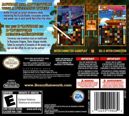 Henry Hatsworth in the Puzzling Adventure Nintendo DS DS for action puzzle platforming video game fans featuring dual screen gameplay colorful platforming levels match three puzzle mechanics enemy battles power ups challenging stages unique cartoon characters and creative Nintendo DS gameplay collectible gaming appeal back cover art