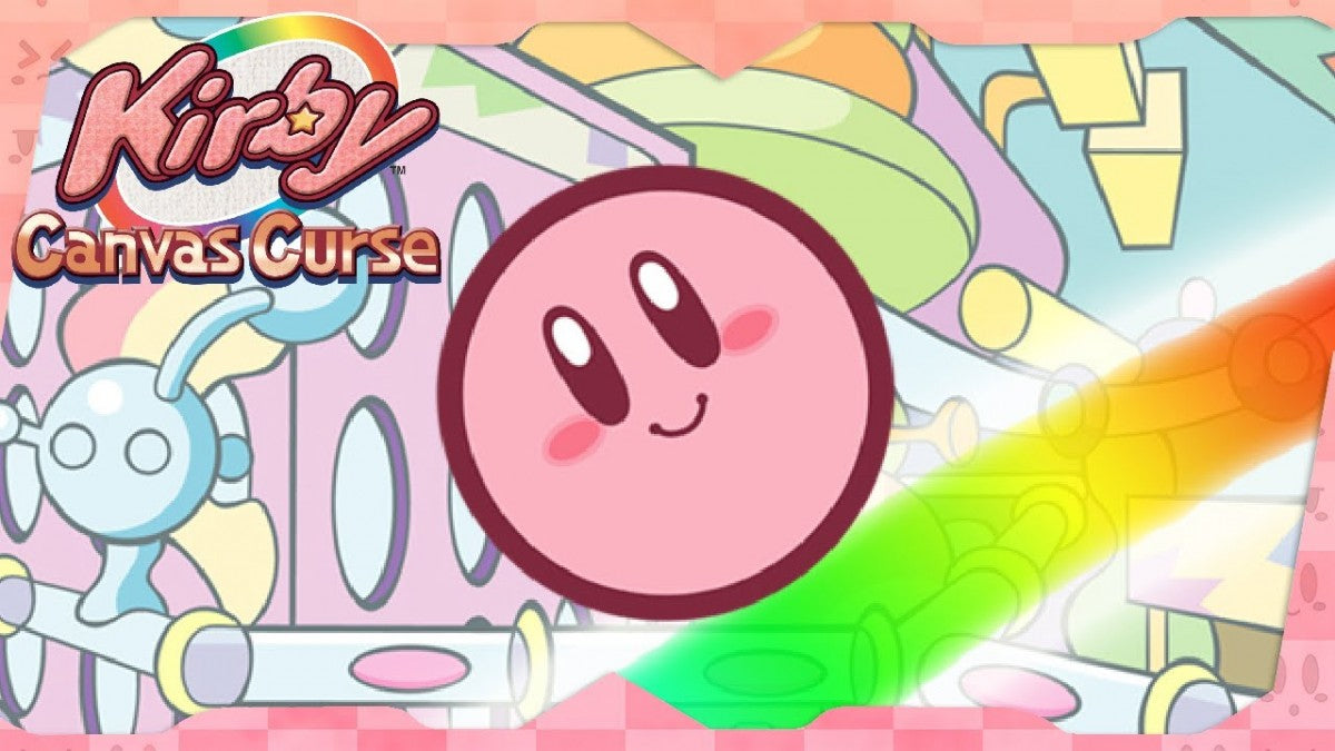 Retro Kirby Canvas Curse Nintendo DS inspired design featuring colorful touch screen platform gameplay aesthetic classic Nintendo handheld adventure stylus controlled rolling action whimsical dream world charm vibrant cartoon visuals nostalgic portable gaming presentation gameplay 