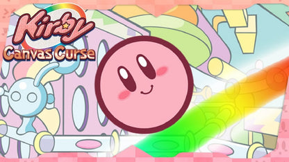 Retro Kirby Canvas Curse Nintendo DS inspired design featuring colorful touch screen platform gameplay aesthetic classic Nintendo handheld adventure stylus controlled rolling action whimsical dream world charm vibrant cartoon visuals nostalgic portable gaming presentation gameplay 