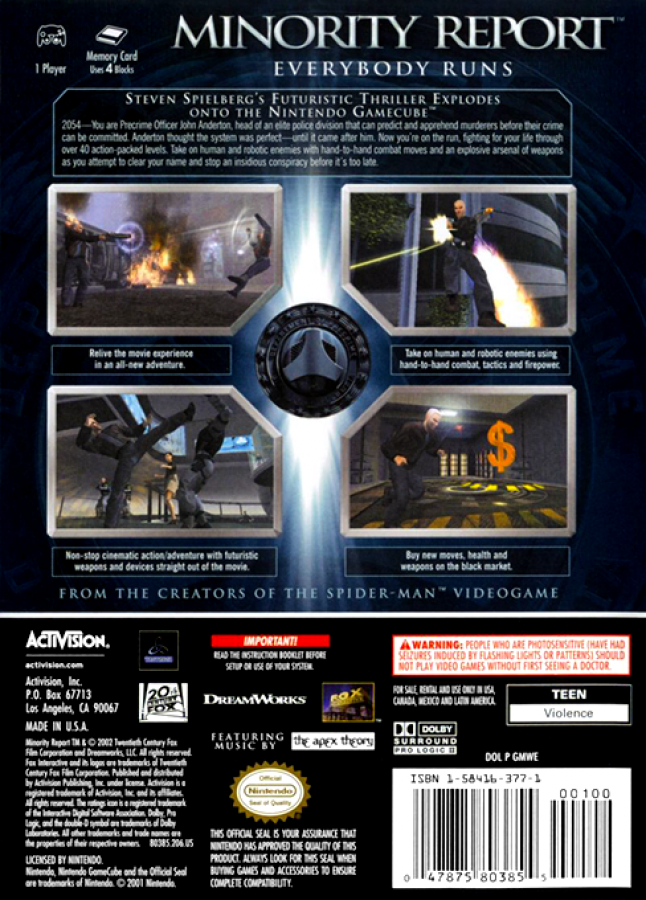 Minority Report Everybody Runs for GameCube featuring action adventure gameplay based on the sci fi film back cover