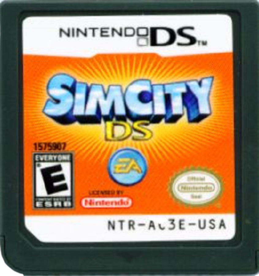 SimCity DS Nintendo DS cartridge for retro video game featuring city building simulation gameplay urban planning and resource management growing metropolitan skylines strategic development decisions transportation systems civic infrastructure and portable strategy gaming experience