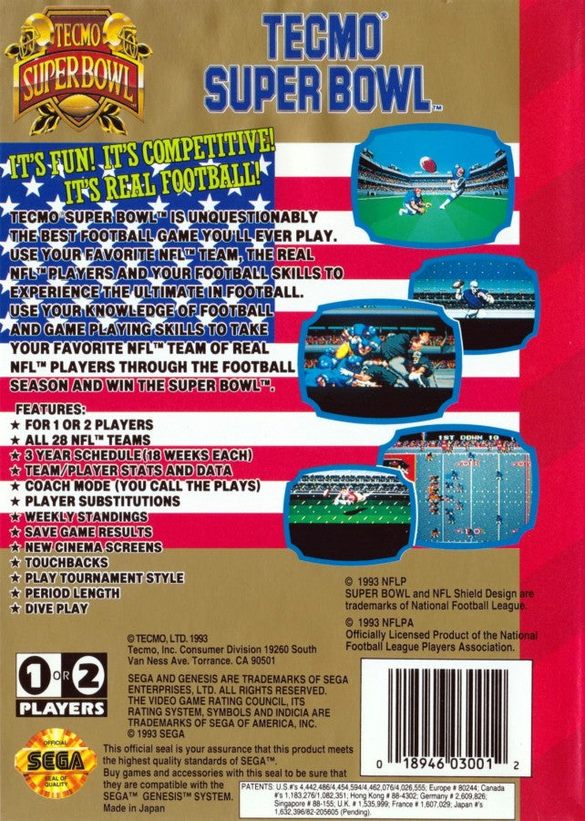 Tecmo Super Bowl for Sega Genesis with classic 16-bit football simulation theme back cover