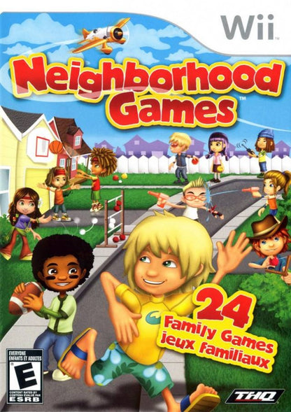Neighborhood Games cover art for Nintendo Wii (Wii) featuring casual motion‑controlled sports and mini‑games like basketball, football, and darts in a backyard setting.