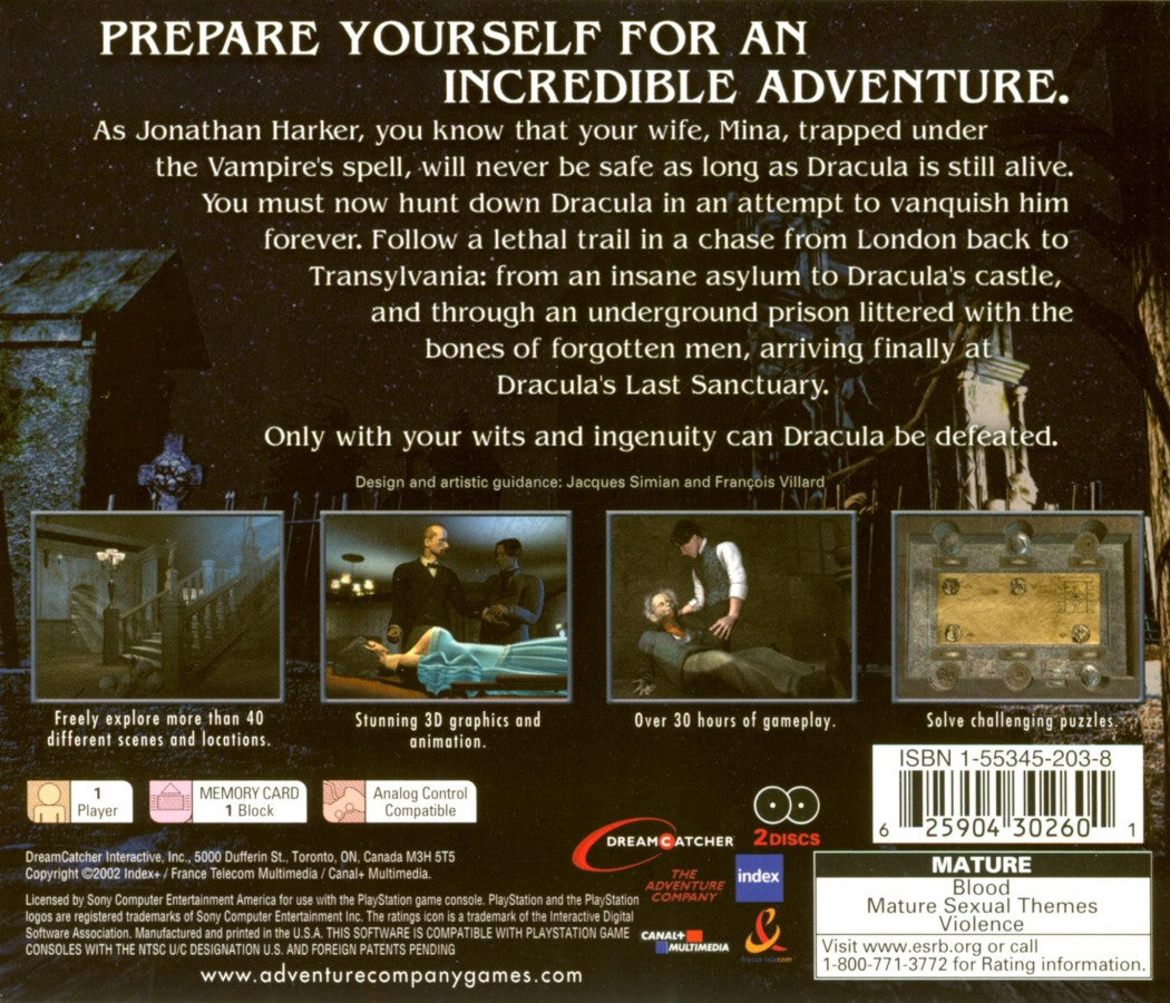 Dracula: The Last Sanctuary retro horror adventure puzzle game for PlayStation 1 (PS1) back of case