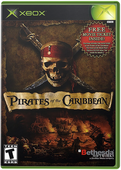 Pirates of the Caribbean Xbox featuring action adventure gameplay with pirate ship battles cover art