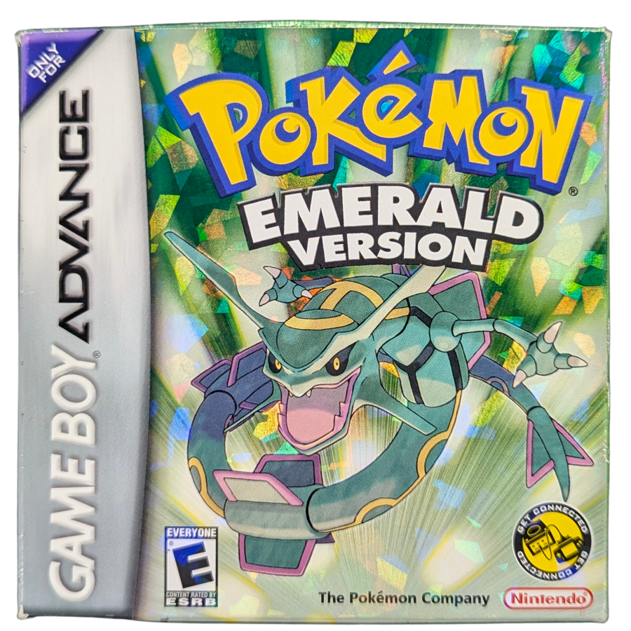 Pokemon Emerald CIB Game Boy Advance GBA RPG adventure game featuring Hoenn region exploration turn based battles Pokemon catching training legendary Rayquaza Battle Frontier complete in box collectible retro video game collection gaming appeal front box art