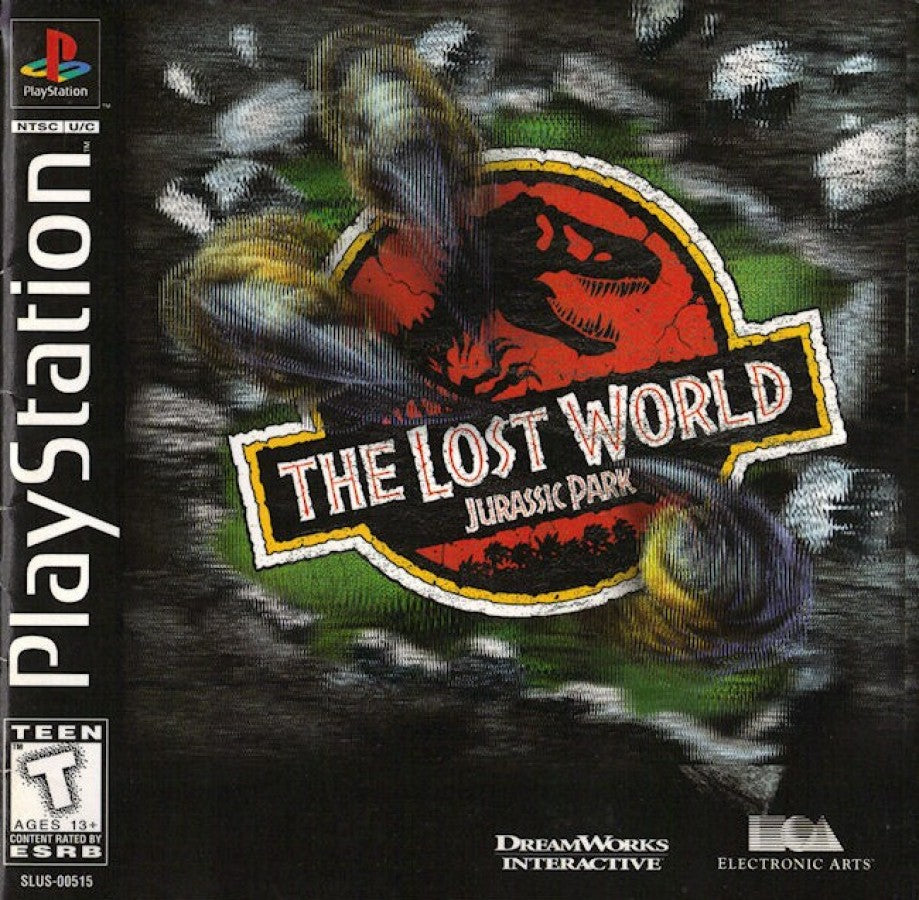 The Lost World: Jurassic Park game for the PlayStation featuring action gameplay set in the Jurassic Park universe with dinosaur encounters multiple playable characters and mission based objectives across island environments inspired by the film series font cover 