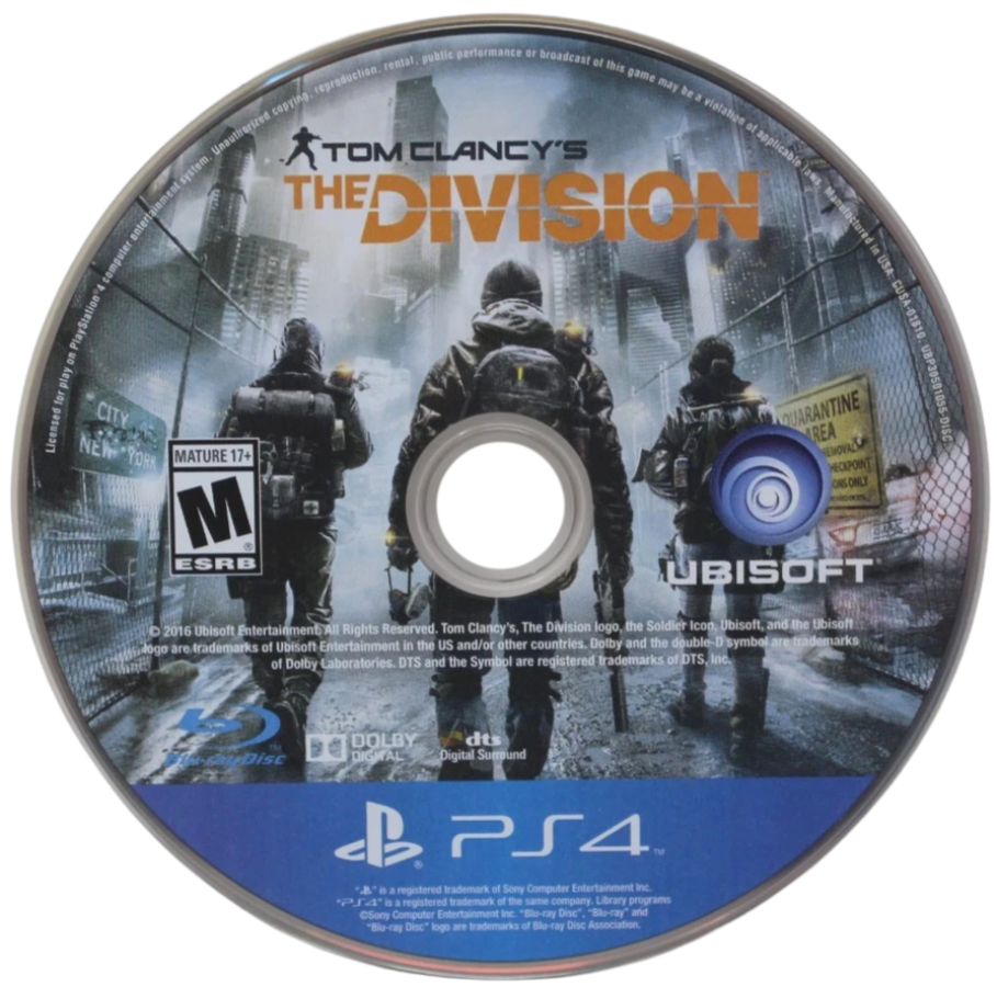 Tom Clancy's The Division – PlayStation 4 (PS4) video game disc, online action role-playing shooter.