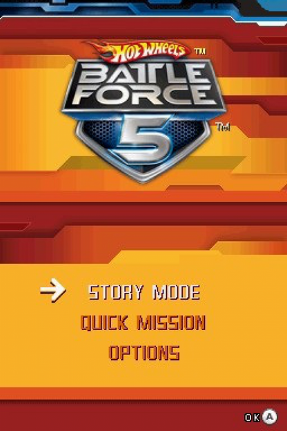 Hot Wheels: Battle Force 5 start screen for Nintendo DS (DS) vehicular combat racing video game