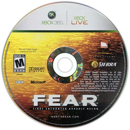F.E.A.R. First Encounter Assault Recon Xbox 360 video game featuring atmospheric first person shooter gameplay intense horror elements psychic enemy powers tactical bullet time combat immersive single player campaign and award-winning horror-action experience by Monolith Productions. disc