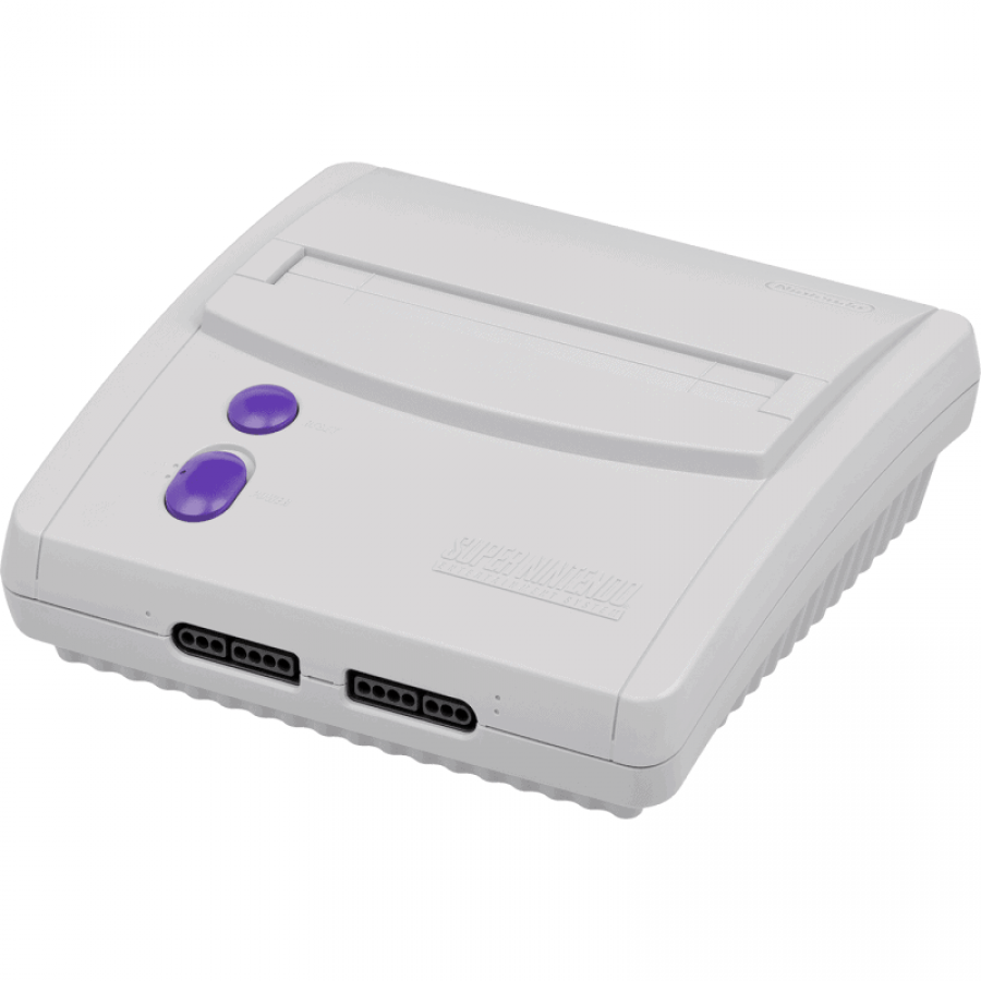 SNES Jr console inspired design featuring compact Super Nintendo entertainment system aesthetic redesigned retro gaming hardware streamlined console body classic 16 bit gaming nostalgia iconic Nintendo home console presentation angle top