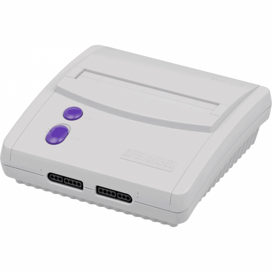 SNES Jr console inspired design featuring compact Super Nintendo entertainment system aesthetic redesigned retro gaming hardware streamlined console body classic 16 bit gaming nostalgia iconic Nintendo home console presentation angle top