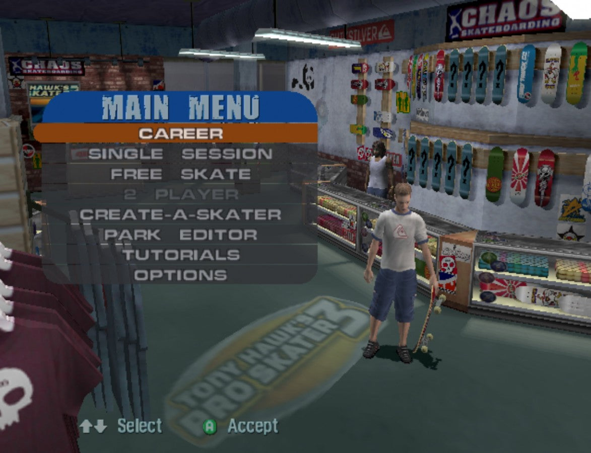 Tony Hawk's Pro Skater 3 menu screen for Nintendo GameCube (GC) skateboarding sports video game