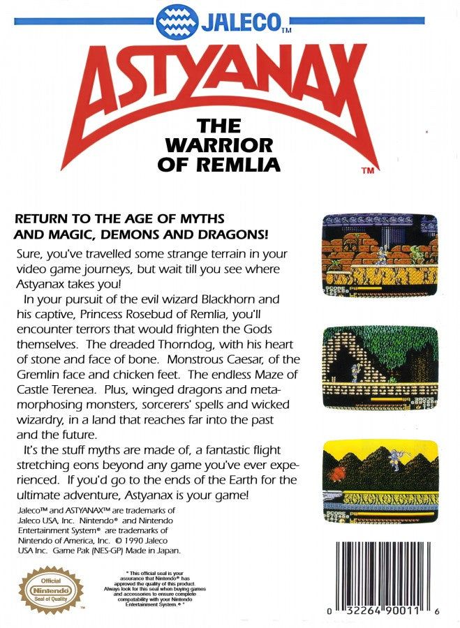 Astyanax Complete in Box CIB Nintendo Entertainment System NES for retro video game enthusiasts featuring action platforming gameplay fantasy adventure powerful axe combat magical enemies side scrolling action challenging stages complete in box collectible gaming appeal back cover