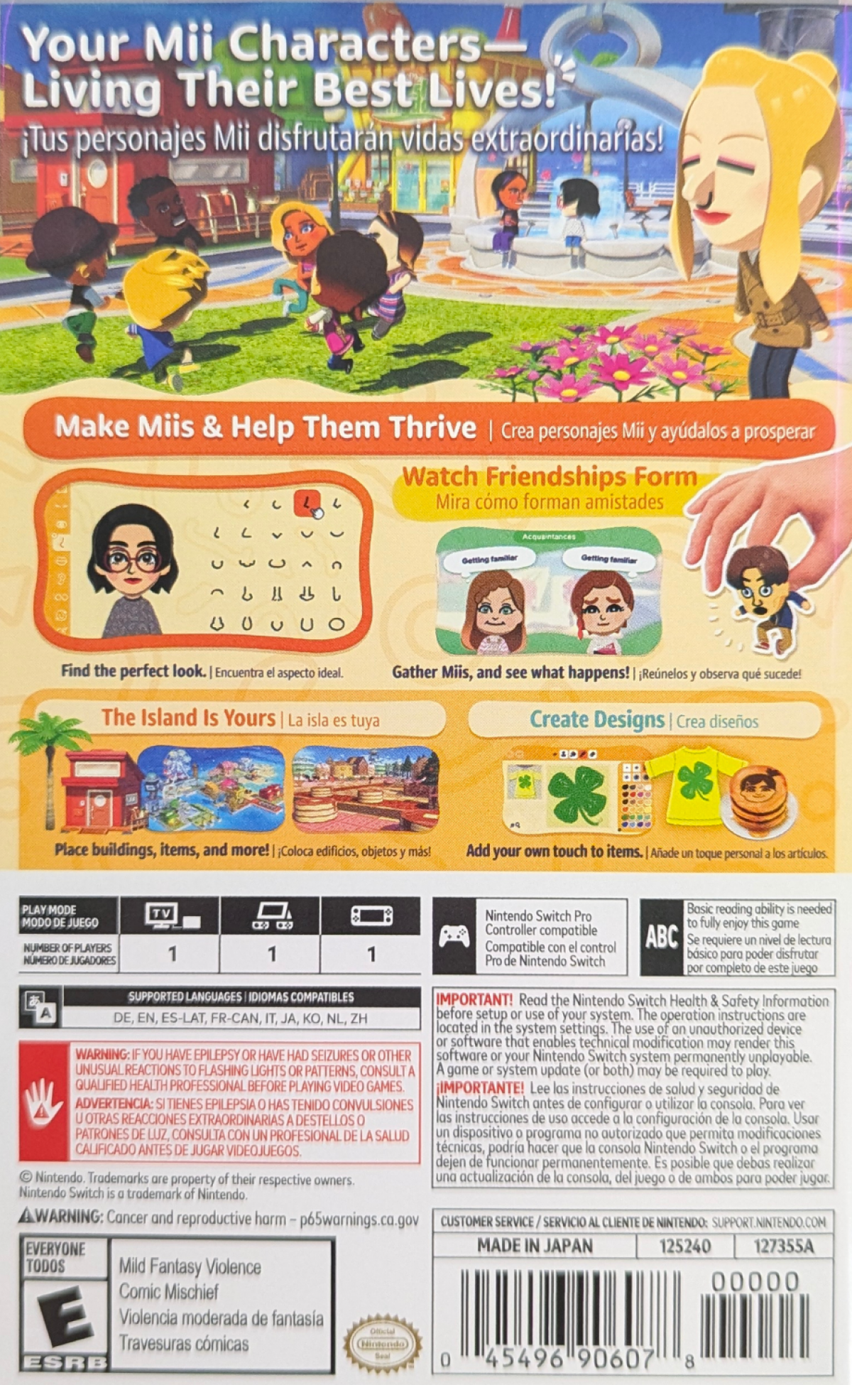 TomoDachi Life: Living the Dream for Nintendo Switch (NS) featuring a quirky life sim where you create Mii characters build relationships and watch unpredictable island style interactions unfold; customize outfits voices and personalities then enjoy mini games events and hilarious social drama as your cast lives out their dream life on Switch back cover