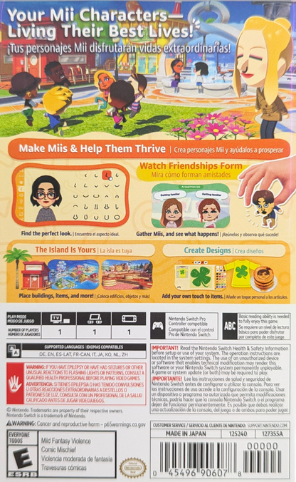 TomoDachi Life: Living the Dream for Nintendo Switch (NS) featuring a quirky life sim where you create Mii characters build relationships and watch unpredictable island style interactions unfold; customize outfits voices and personalities then enjoy mini games events and hilarious social drama as your cast lives out their dream life on Switch back cover