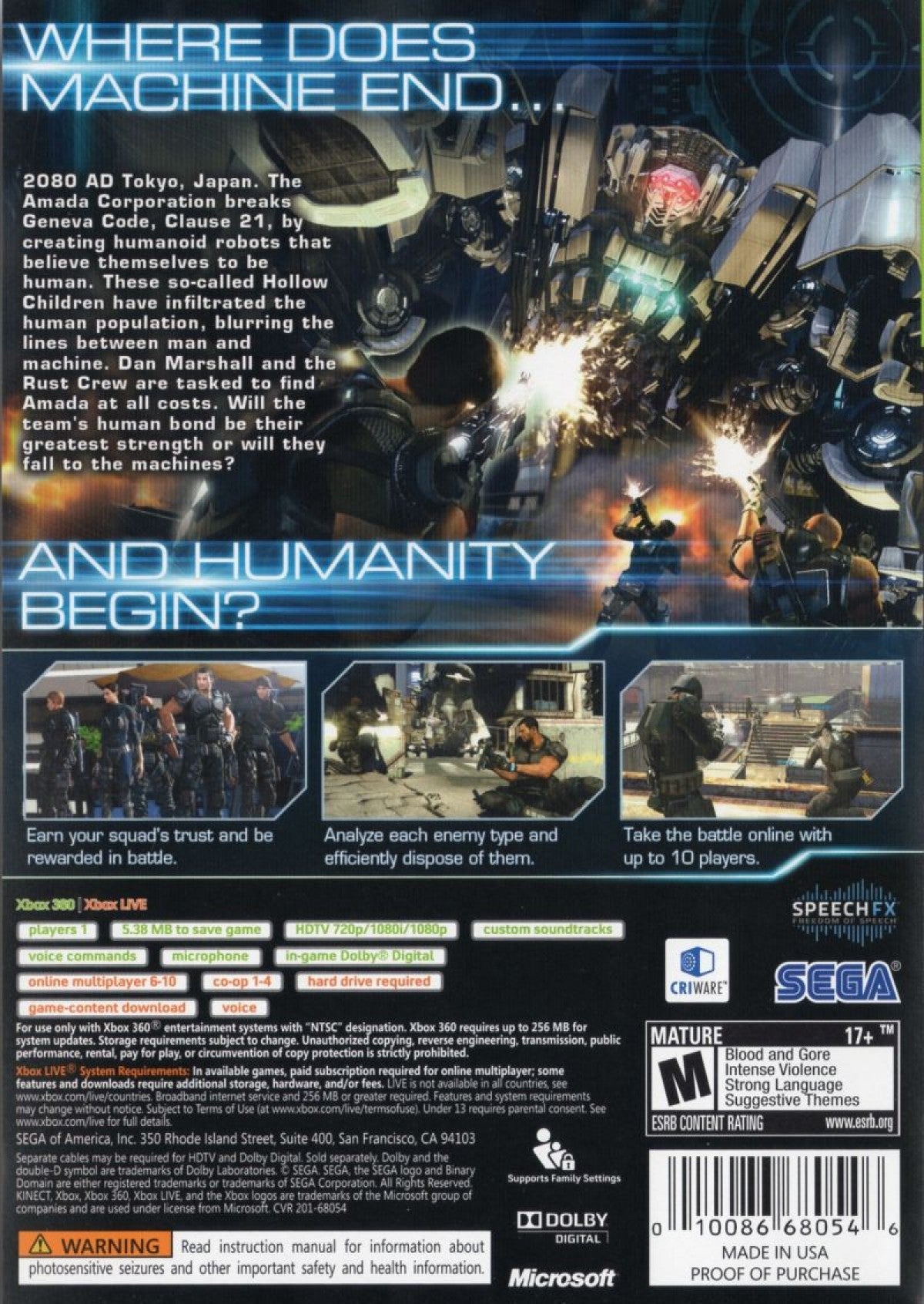 Binary Domain Xbox 360 third-person shooter squad-based sci-fi action video game with robot enemies and consequence-driven narrative back cover