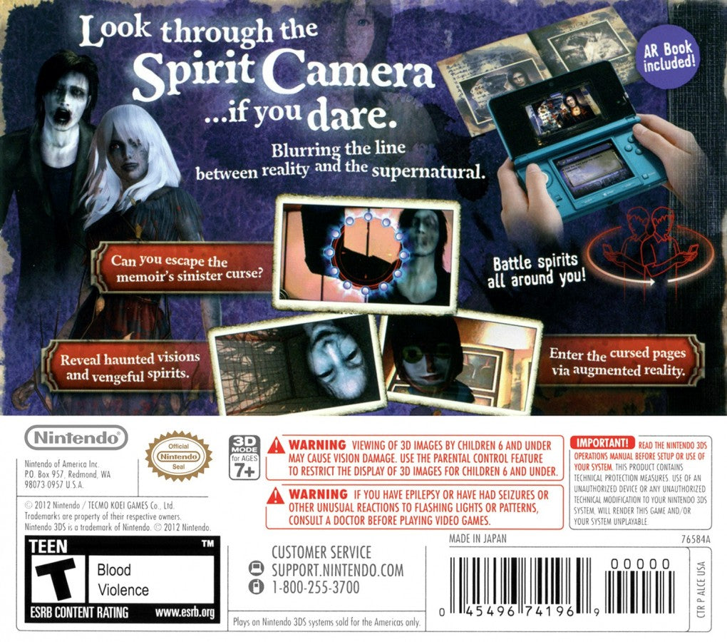 Spirit Camera The Cursed Memoir Nintendo 3DS game featuring augmented reality horror gameplay, puzzle solving, and ghost hunting using the system’s camera for immersive storytelling back cover