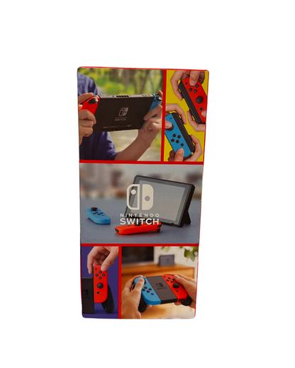 Side view of a Nintendo Switch retail box showing logo branding and product information along the packaging edge.