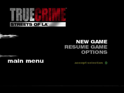 True Crime Streets of LA Xbox open-world action video game predecessor to Sleeping Dogs Los Angeles setting police detective Nick Kang branching morality system good cop bad cop choices driving shooting hand-to-hand combat licensed hip-hop soundtrack gang territories investigative missions Activision sandbox crime thriller main menu game select