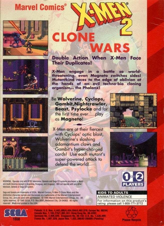 X-Men 2: The Clone Wars back cover art for Sega Genesis (GEN) video game