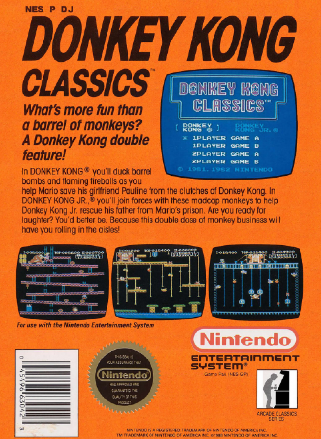 Donkey Kong Classics back of box for Nintendo Entertainment System (NES) retro video game
