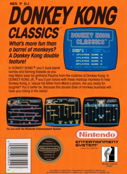 Donkey Kong Classics back of box for Nintendo Entertainment System (NES) retro video game